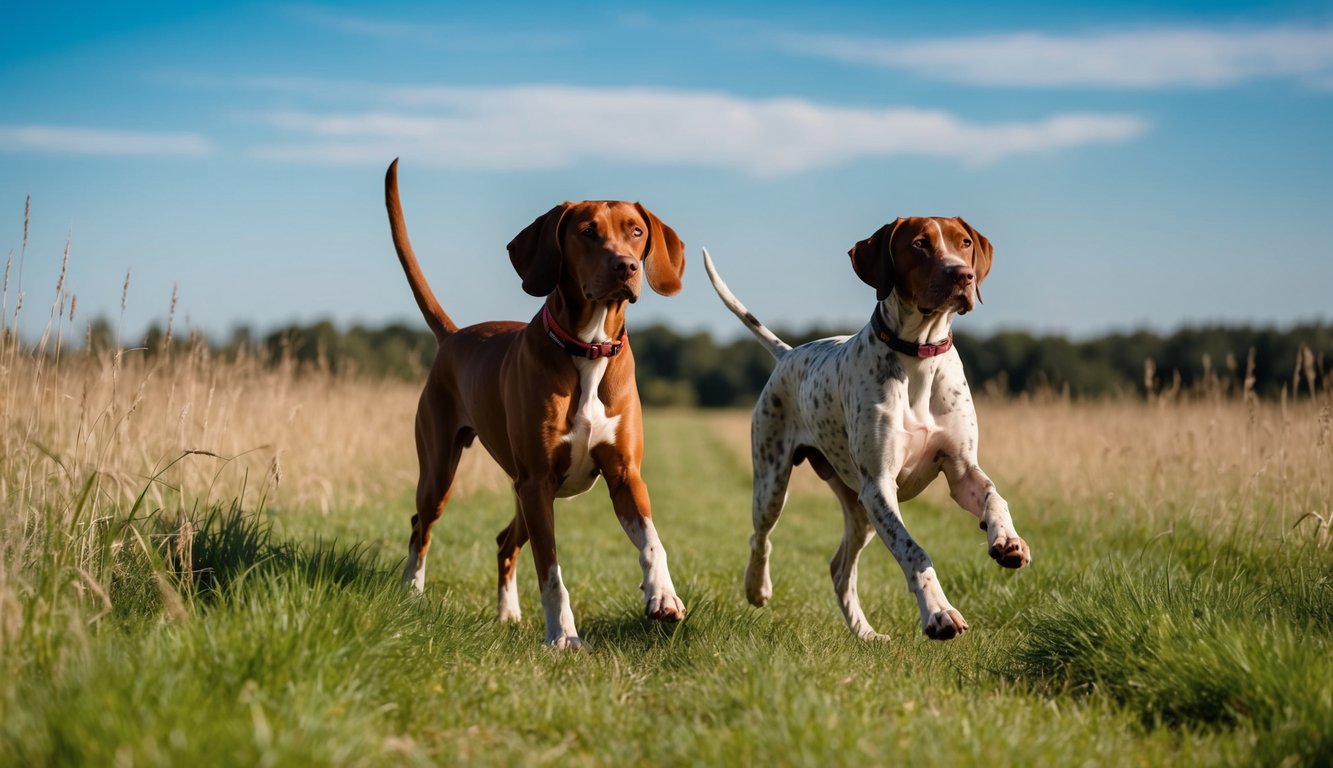 Two dogs, a Vizsla and a Pointer, running side by side on a grassy path through a field, one brown and the other white with brown spots, under a clear blue sky.