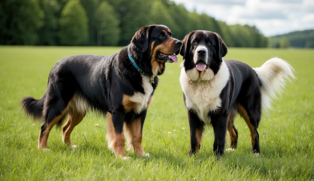 Two gentle giants, a Newfoundland and a Leonberger, with black, brown, and white fur stand on a grassy field with trees in the background under a partly cloudy sky.