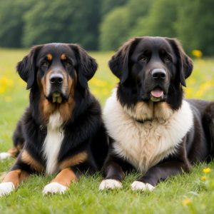 Two gentle giants, a black Newfoundland and a brown Leonberger, with their fluffy coats lie side by side on a grassy field adorned with scattered yellow flowers and trees in the background.