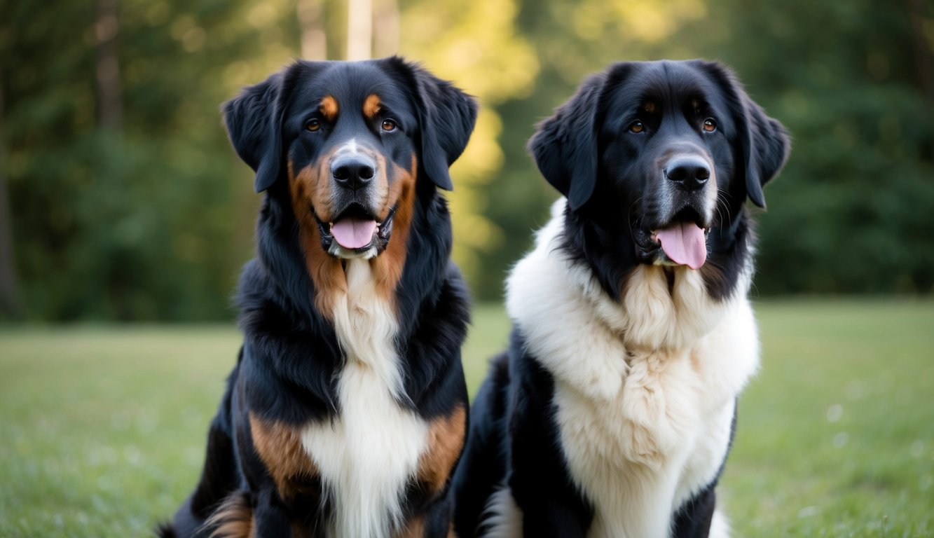 Two gentle giants with black, brown, and white fur sit on the grass in a park. The Leonbergers have their tongues out and look towards the camera. Trees and blurred greenery are in the background.