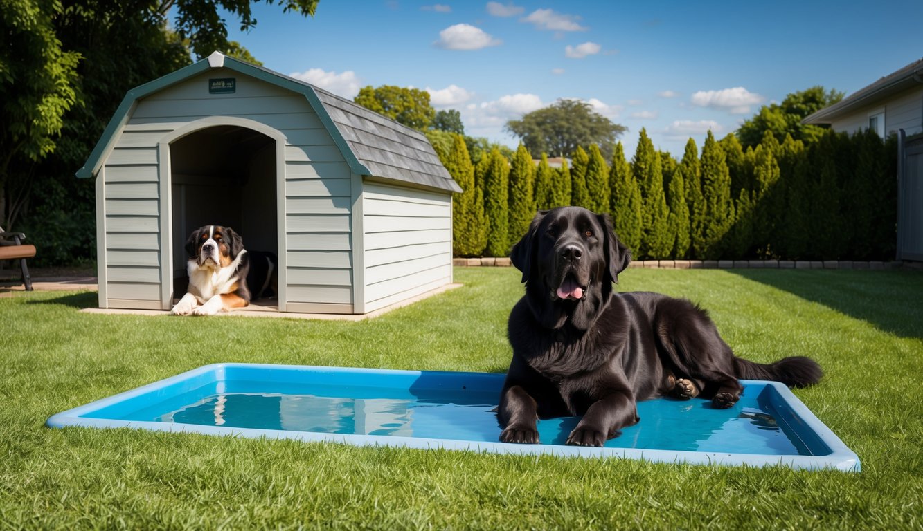 A Black Labrador relaxes in a small blue pool on the grass, while a Saint Bernard rests near a large doghouse. These gentle giants share their space with playful ease, evoking the laid-back atmosphere of a Newfoundland afternoon.