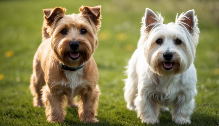 Two small dogs with fluffy coats, one tan resembling a Cairn Terrier and the other white like a West Highland White Terrier, stand side by side on a grassy field, both looking toward the camera with alert expressions.
