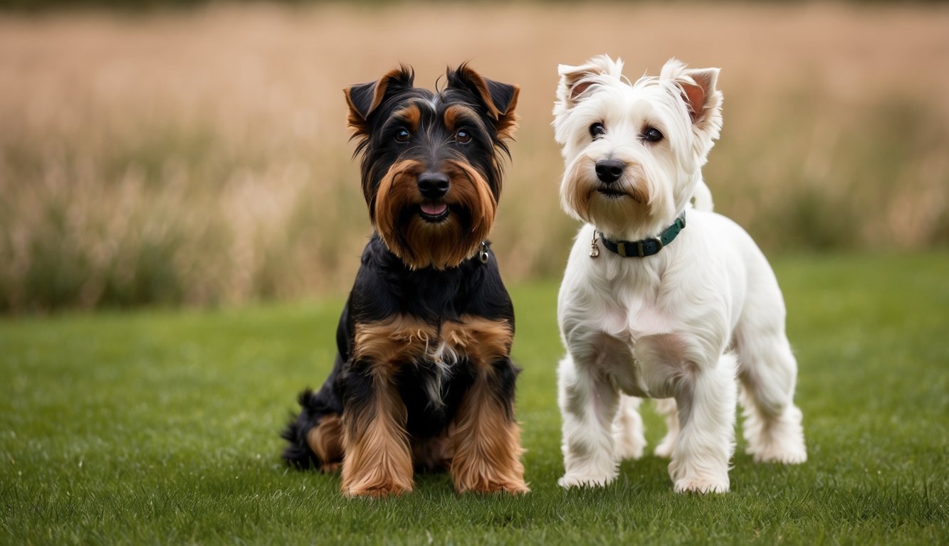 Two small dogs stand on the grass; one, a West Highland White Terrier with a white coat, and the other, a Scottish Terrier with a black and tan coat. The blurred background of the field sets the scene for this charming breed comparison.