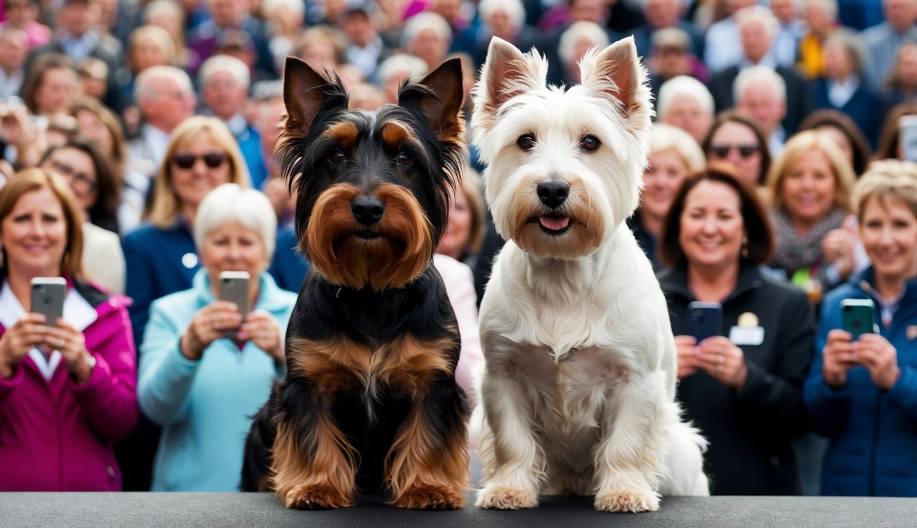 Two small dogs, a black and tan Scottish Terrier and a white West Highland White Terrier, sit together while a crowd of people in the background takes photos.