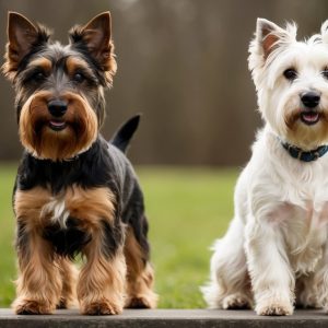 Two small dogs sitting on a wooden platform; one, possibly a West Highland White Terrier, has white fur, and the other resembles a Scottish Terrier with black and tan fur. Grass and blurred trees provide a natural backdrop.