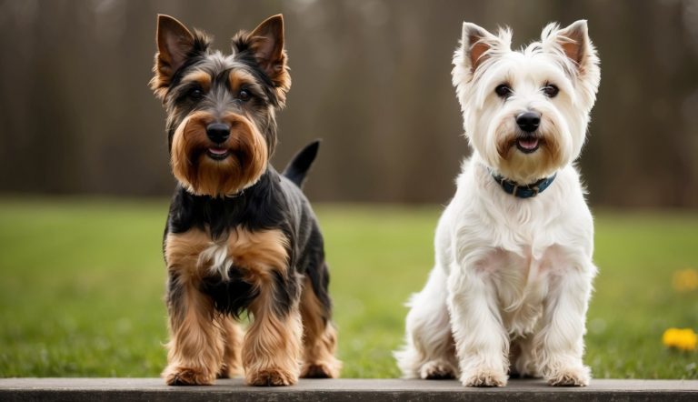 Two small dogs sitting on a wooden platform; one, possibly a West Highland White Terrier, has white fur, and the other resembles a Scottish Terrier with black and tan fur. Grass and blurred trees provide a natural backdrop.