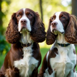 Two brown and white dogs with long ears, possibly an American Water Spaniel or a Boykin, sit on the grass in a wooded area.