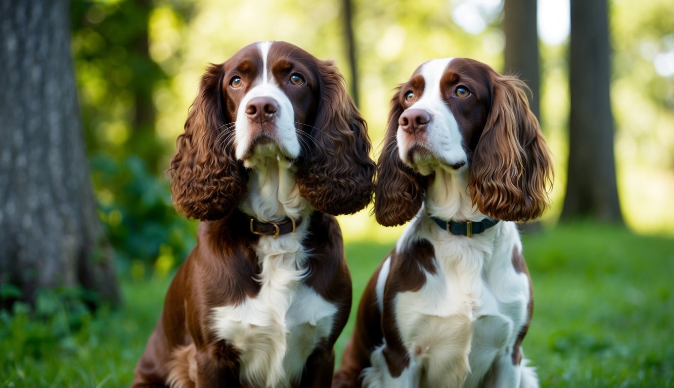 Two brown and white dogs with long ears, possibly an American Water Spaniel or a Boykin, sit on the grass in a wooded area.