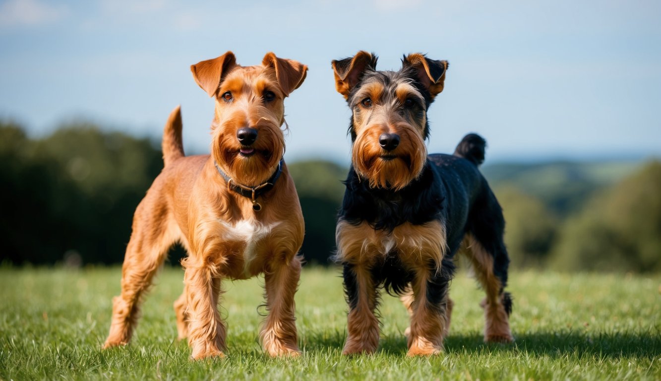 Two dogs stand on grass in a sunny outdoor setting. One, an Airedale Terrier with a light brown coat, contrasts the darker tones of the Welsh Terrier beside it. The similar texture of their coats highlights key differences in color as trees grace the background.