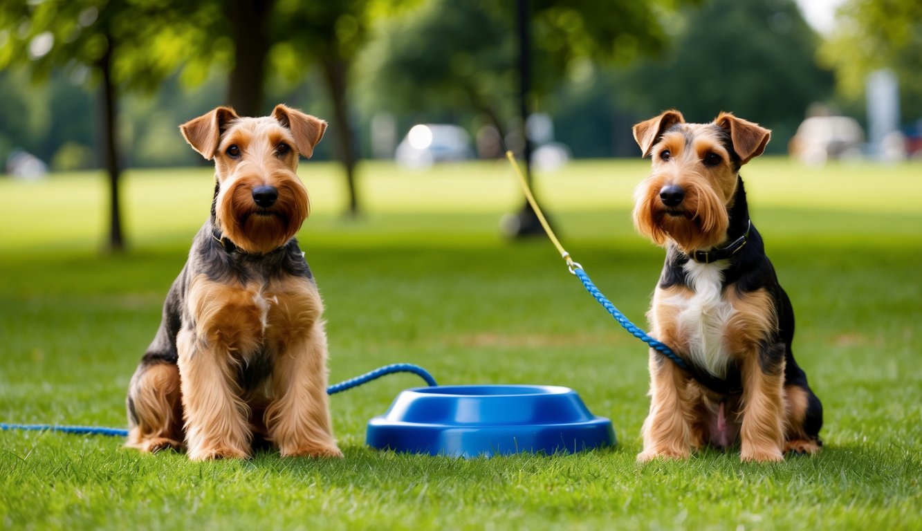 Two terriers, an Airedale and a Welsh Terrier, sit on grass next to a large blue water dish, each on a leash. Trees and a park setting provide the backdrop, subtly highlighting the key differences between these two spirited breeds.
