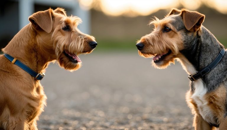 Two dogs face each other outdoors, both sporting wiry fur and collars. One resembles an Airedale with a tan coat, while the other, similar to a Welsh Terrier, showcases a mix of tan and black. They appear to be interacting playfully and showcasing their subtle differences in appearance.