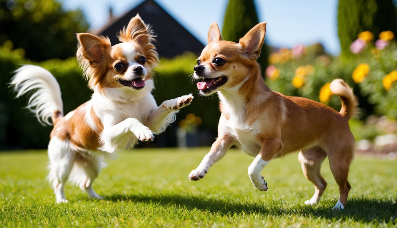 Two small, playful dogs—a Papillon and a Chihuahua—frolic on the grass in a sunny garden, surrounded by flowers and greenery.
