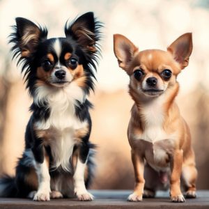 Two Chihuahuas, representatives of the tiny dog breed, sit on a wooden surface outdoors—one is black and white, the other tan—with blurred trees providing a serene backdrop.