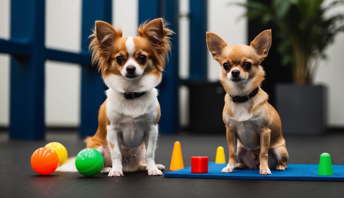 Two small dogs, possibly a Chihuahua and a Papillon, sit on the floor near colorful balls and cones. One is comfortably settled on a blue mat, with lush plants in the background, giving a delightful glimpse into a tiny dog breed comparison guide.