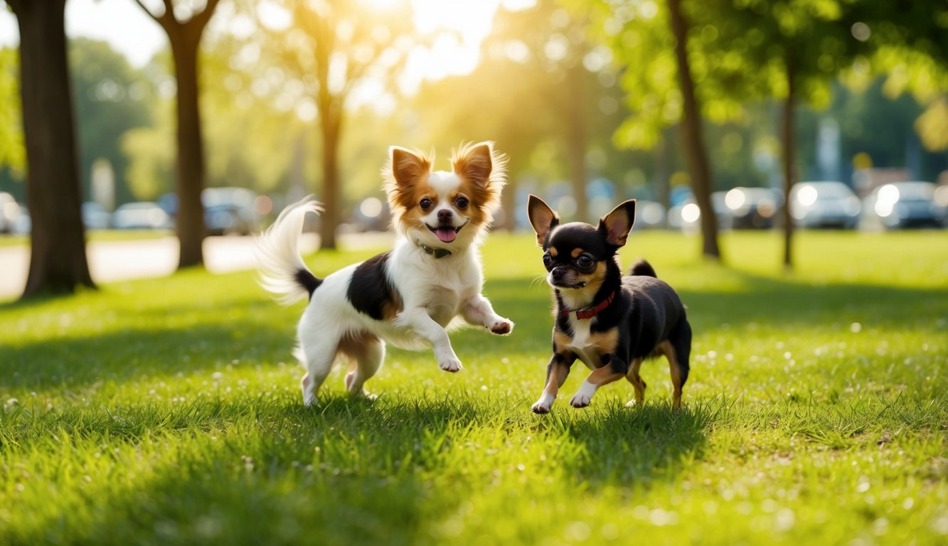 Two small dogs, a Chihuahua and a Papillon, joyfully play on a grassy field with trees and soft sunlight in the background.