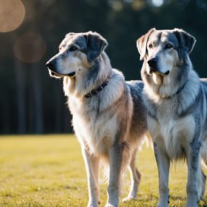 Two Norwegian Elkhounds stand on grass in a sunlit area, both looking to the left. Trees are blurred in the background, and light bokeh is visible, capturing the beauty of these Scandinavian breeds.