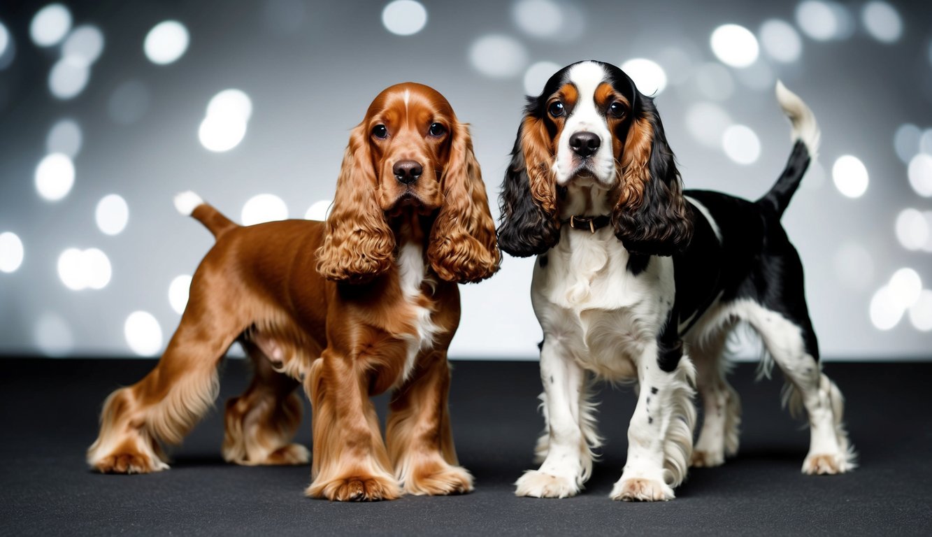 Two Cocker Spaniels, one brown and one black and white, stand side by side on a dark surface against a bright bokeh background. Their distinct features hint at the key differences between the American Cocker Spaniel and the English Cocker Spaniel.