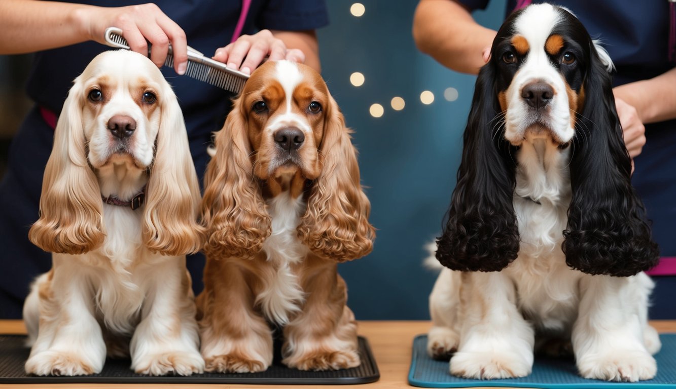 Three English Cocker Spaniels are being expertly groomed; two boast golden coats, while the third features a striking black and white pattern. Groomers skillfully work their combs through the fur, under subtle lights that highlight their effort.