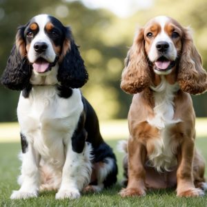 Two English Cocker Spaniels sit on grass with trees in the background, both with tongues out. One has black and white fur, the other boasts a golden and white coat.