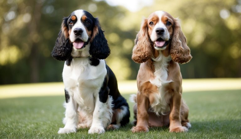 Two English Cocker Spaniels sit on grass with trees in the background, both with tongues out. One has black and white fur, the other boasts a golden and white coat.