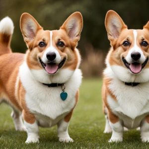 Two Pembroke Welsh Corgis stand confidently on the grass, ears perked up and tails raised. While often mistaken for their Cardigan Welsh cousins, key differences like their tail length set them apart. They gaze forward with an alert and cheerful demeanor.