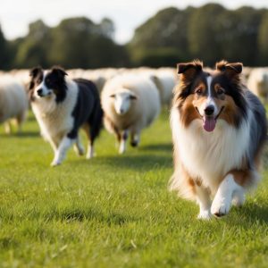 Two Border Collies, masterful members of the herding breeds, expertly maneuver sheep across a grassy field on a sunny day.