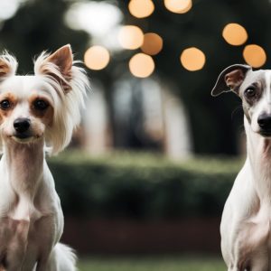 Two dogs sit side by side outdoors, one resembling the elegant Italian Greyhound with long fur and the other akin to a smooth-coated Chinese Crested, against a blurred background with bokeh lights.