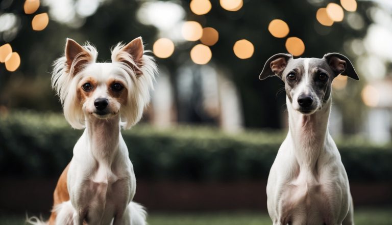 Two dogs sit side by side outdoors, one resembling the elegant Italian Greyhound with long fur and the other akin to a smooth-coated Chinese Crested, against a blurred background with bokeh lights.