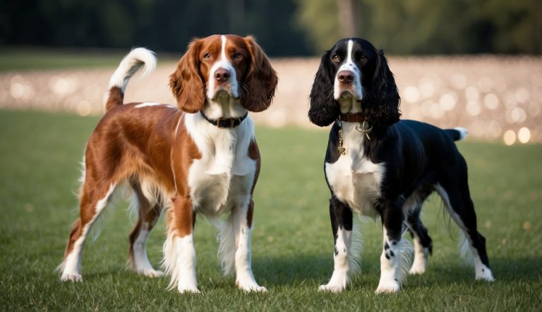 Two dogs standing on grass; one might be a Brittany with its brown and white coat, the other possibly an English Springer Spaniel with black and white markings. They are facing forward with trees blurred in the background, captivating the gaze of dog owners.