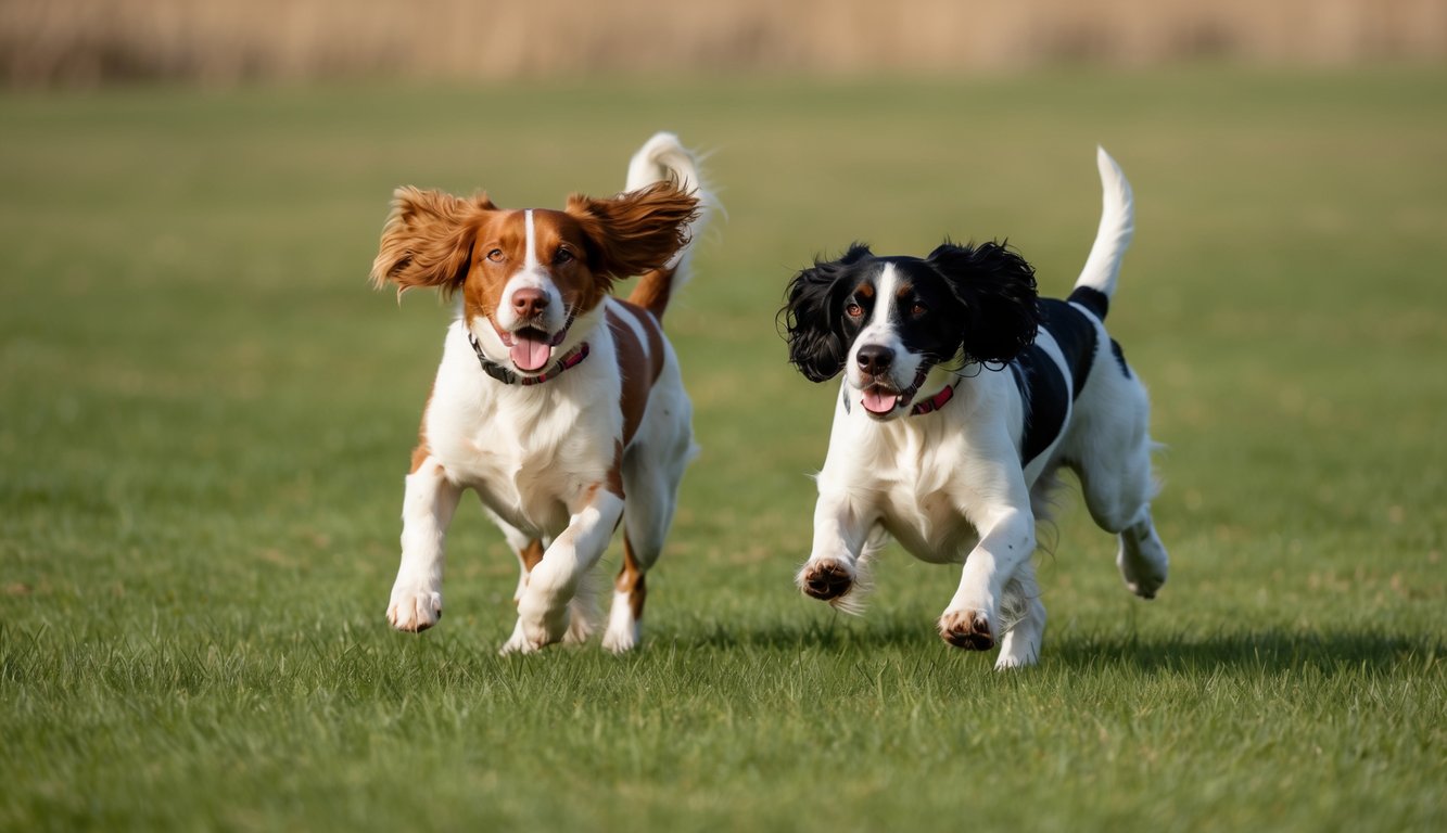 Two dogs, an energetic English Springer Spaniel and a lively Brittany, run side by side on a grassy field, delighting their dog owners with every joyful bound.