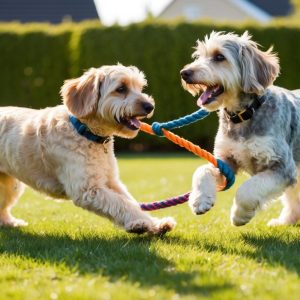 Two playful Poodle mixes, a Labradoodle and a Schnoodle, tug on a colorful rope in the sunny, grassy yard.