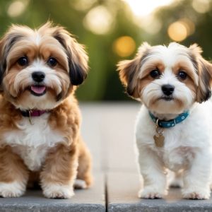 Two small hybrid dogs, a brown Cavapoo and a white Cavachon, sit on a paved path outdoors. They are facing forward with lush greenery in the background.