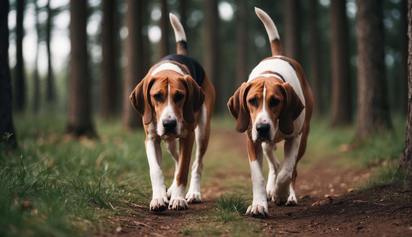 Two beagles, looking like they're gearing up for a Tracker Showdown, wander side by side along the forest path.