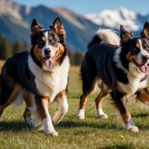 Two Bernese Mountain Dogs with black, white, and brown fur run on a grassy field, embracing outdoor living with snow-capped mountains in the background.