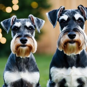 Two schnauzers, known for their lively temperament, sit on the grass, both looking directly at the camera. Their size contrasts charmingly against a wooden fence and blurred lights in the background.