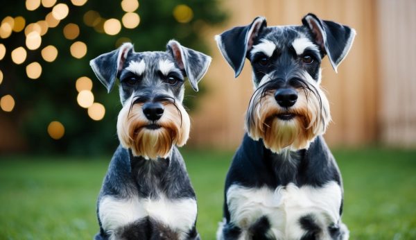 Two schnauzers, known for their lively temperament, sit on the grass, both looking directly at the camera. Their size contrasts charmingly against a wooden fence and blurred lights in the background.