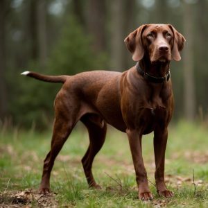 A brown dog stands alert on the grassy ground of a forest, embodying the spirit of active hunting dogs.