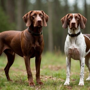 Two alert dogs, resembling a German Shorthaired Pointer, stand on the grass in a forested area—one with a solid brown coat and the other with a brown and white spotted coat. Their posture and keen eyes make them look like they're straight out of a Hunter's Guide.