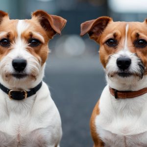 Two Jack Russell Terriers with brown and white fur sit side by side, wearing black and brown collars, capturing the essence of the Parson breed against a blurred background.