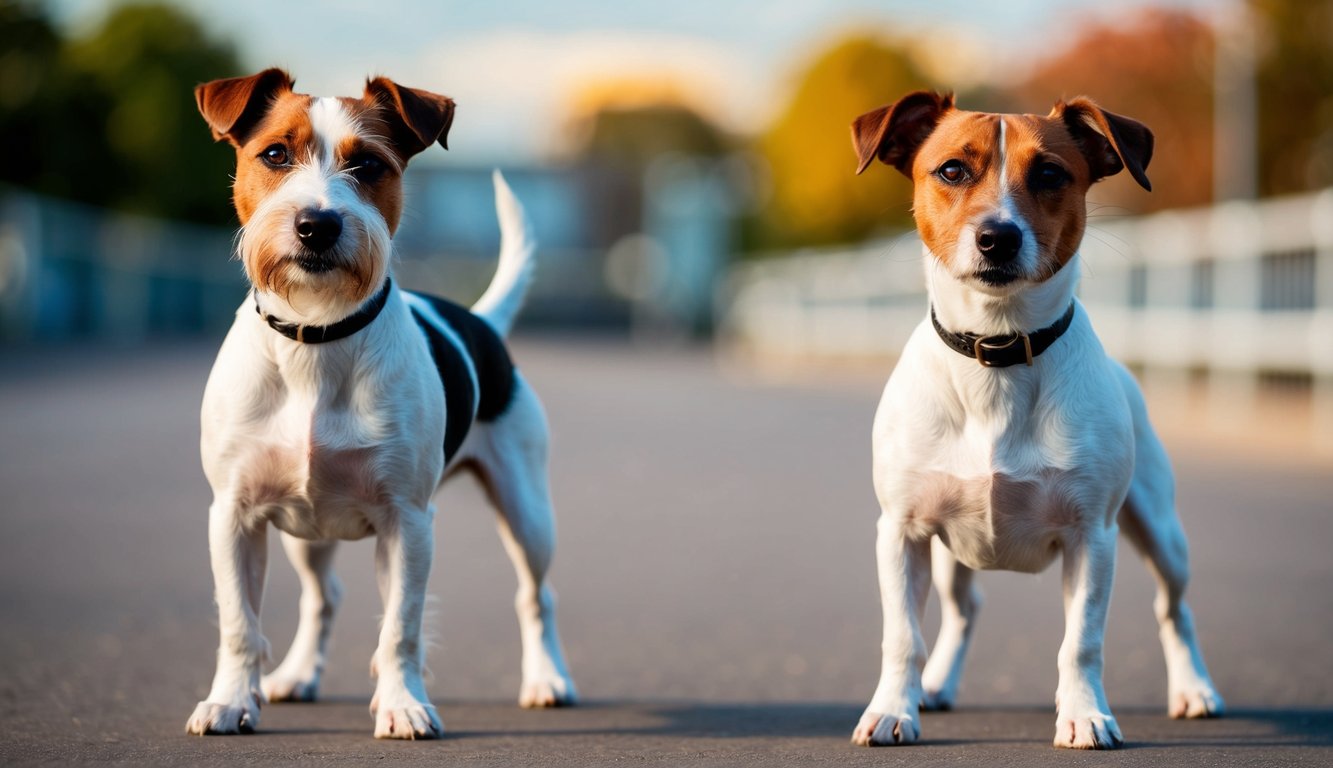 Two Jack Russell Terriers, with their distinct black and white markings and clad in black collars, stand alert on a paved path. With trees and a bridge softly blurred behind them, these spirited Parson types showcase the subtle key differences typical of their breed lineage.