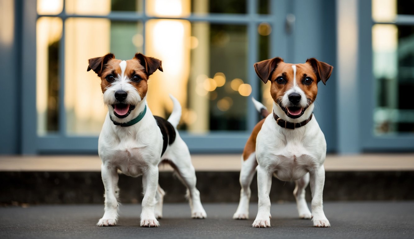 Two small Parson Jack Russell Terriers with black and brown markings stand alert on a paved area in front of a blue-framed glass door.