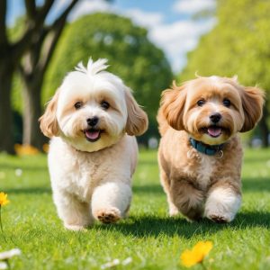 Two small, fluffy dogs, one a cheerful Maltipoo, are running side by side on green grass in a park with trees and flowers in the background.