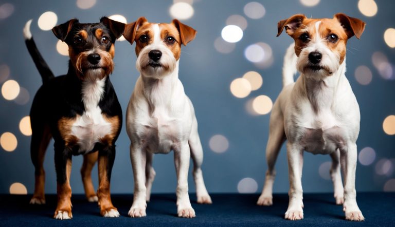 Three small dogs with smooth coats stand on a blue surface against a backdrop of blurred lights. Two appear to be Parson Russell Terriers, white with brown markings, while the third, likely a Russell Terrier, showcases distinctive black and brown markings.