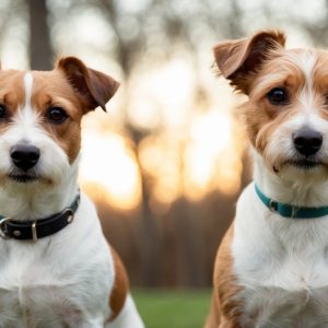 Two small brown and white dogs, possibly Parson Russell Terriers, with black and blue collars sit side by side outdoors, with blurred trees and a sunset in the background.