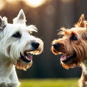 Two small dogs with fluffy fur face each other outdoors, one white West Highland and the other a brown Cairn Terrier, both with their mouths open.