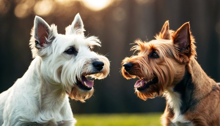 Two small dogs with fluffy fur face each other outdoors, one white West Highland and the other a brown Cairn Terrier, both with their mouths open.