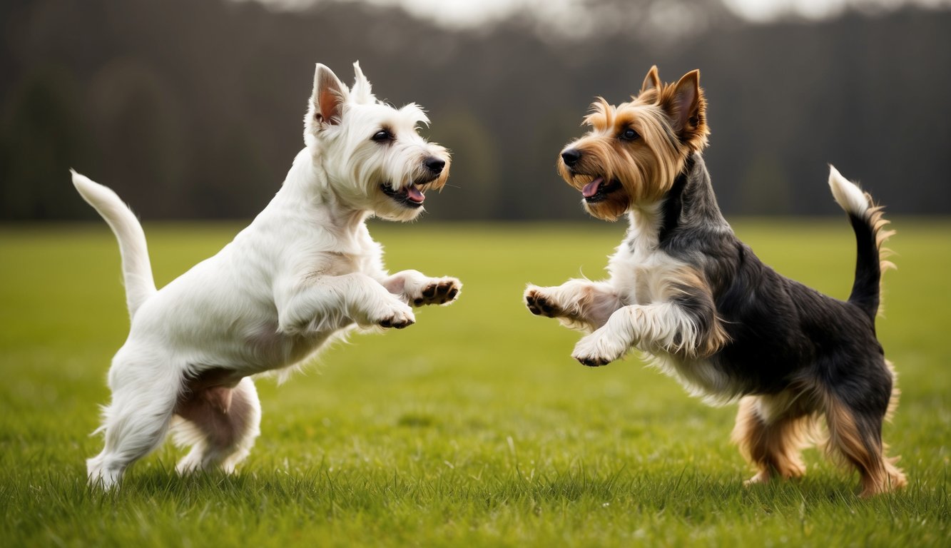 Two small dogs, a Cairn Terrier and a West Highland Terrier, joyfully playing and jumping on green grass in an open field, highlighting their key differences in energy and style.