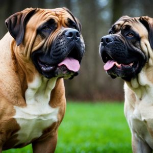 Two large, brown and black Spanish Mastiff dogs stand on the grass, facing each other with their tongues out against a blurred background of trees.