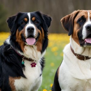 Two Gentle Giants with black, white, and brown markings stand side by side in a grassy field filled with yellow flowers. Each wears a collar and looks directly at the camera, showcasing the calm demeanor of majestic Bernese Mountain dogs.
