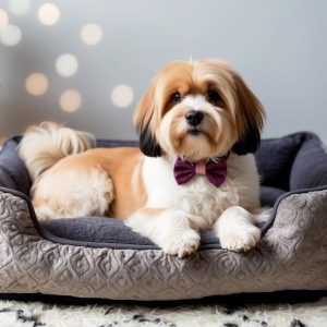 A small fluffy dog, complete with stylish Havanese accessories and a bow tie, sits in comfort on a plush dog bed set against a patterned rug.